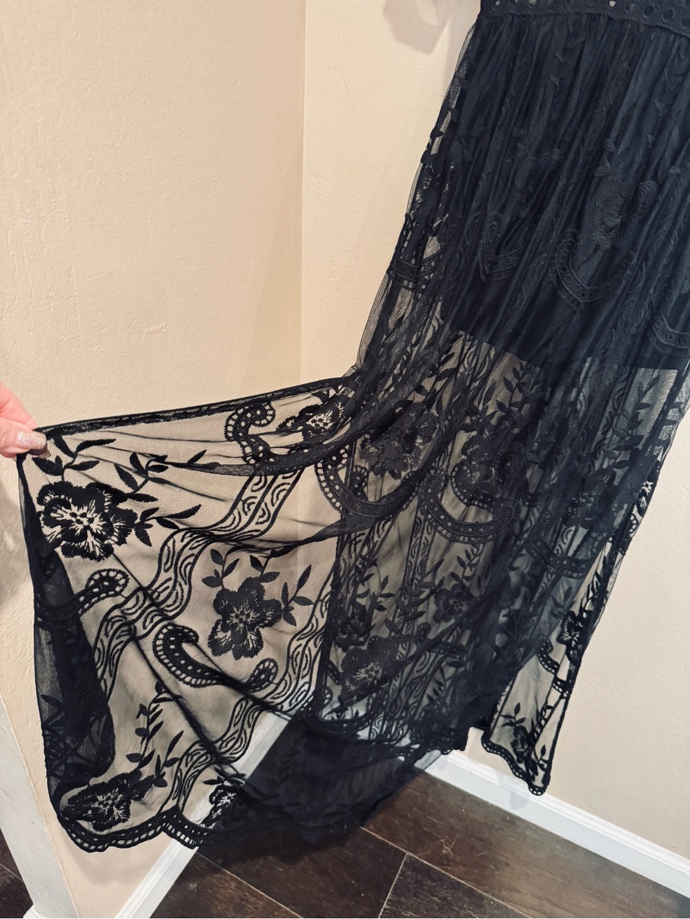 Sheer Black Lace V-Neck Maxi Gown With Deep V-Neck, Built-in Shorts Side Slits - Picture 3 of 10